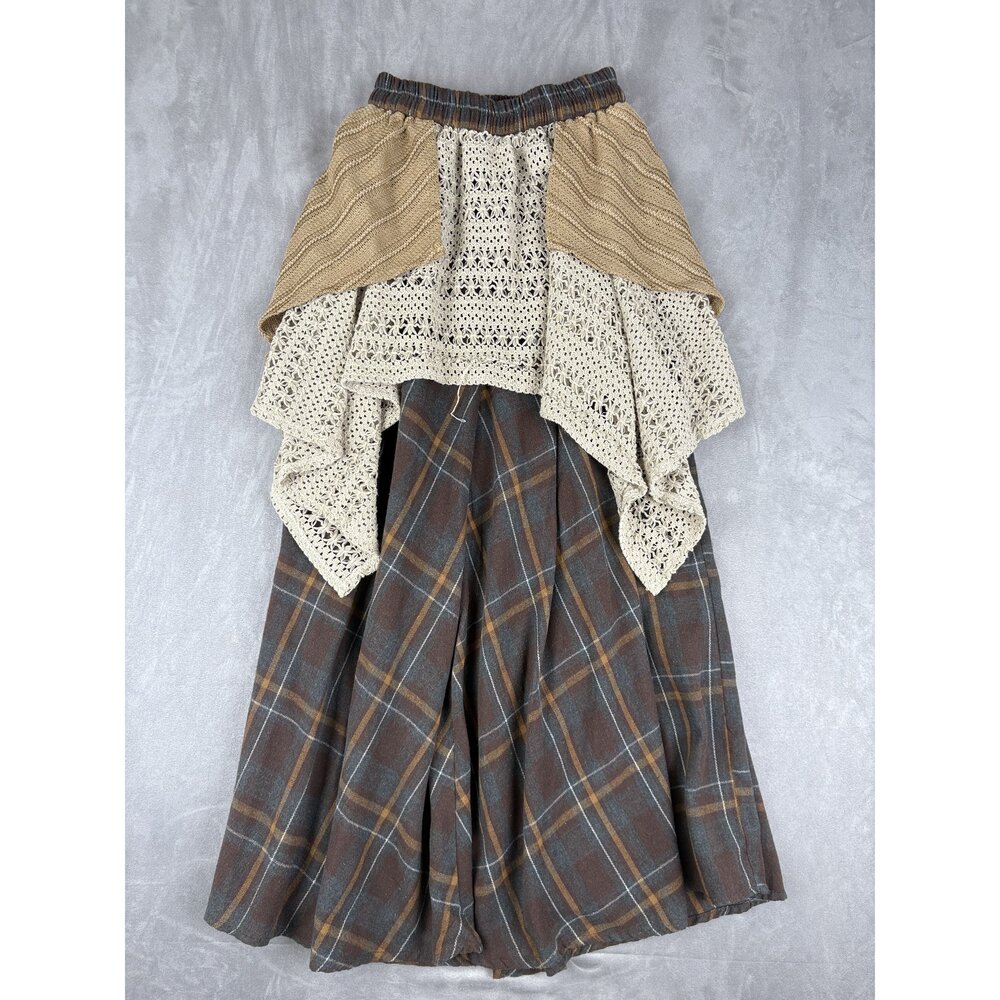 Bohemian Maxi Skirt with Crochet Overlay - Brown Plaid - Picture 2 of 9